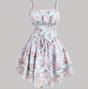 Shein MOD light blue pink ditsy floral lace up strapless mini dress